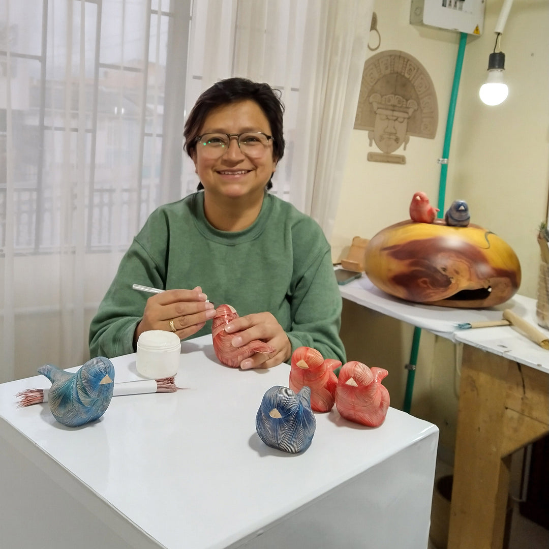 Handmade Cedar Wood and Natural Fiber Bird Figurine in Red - Red Plumage