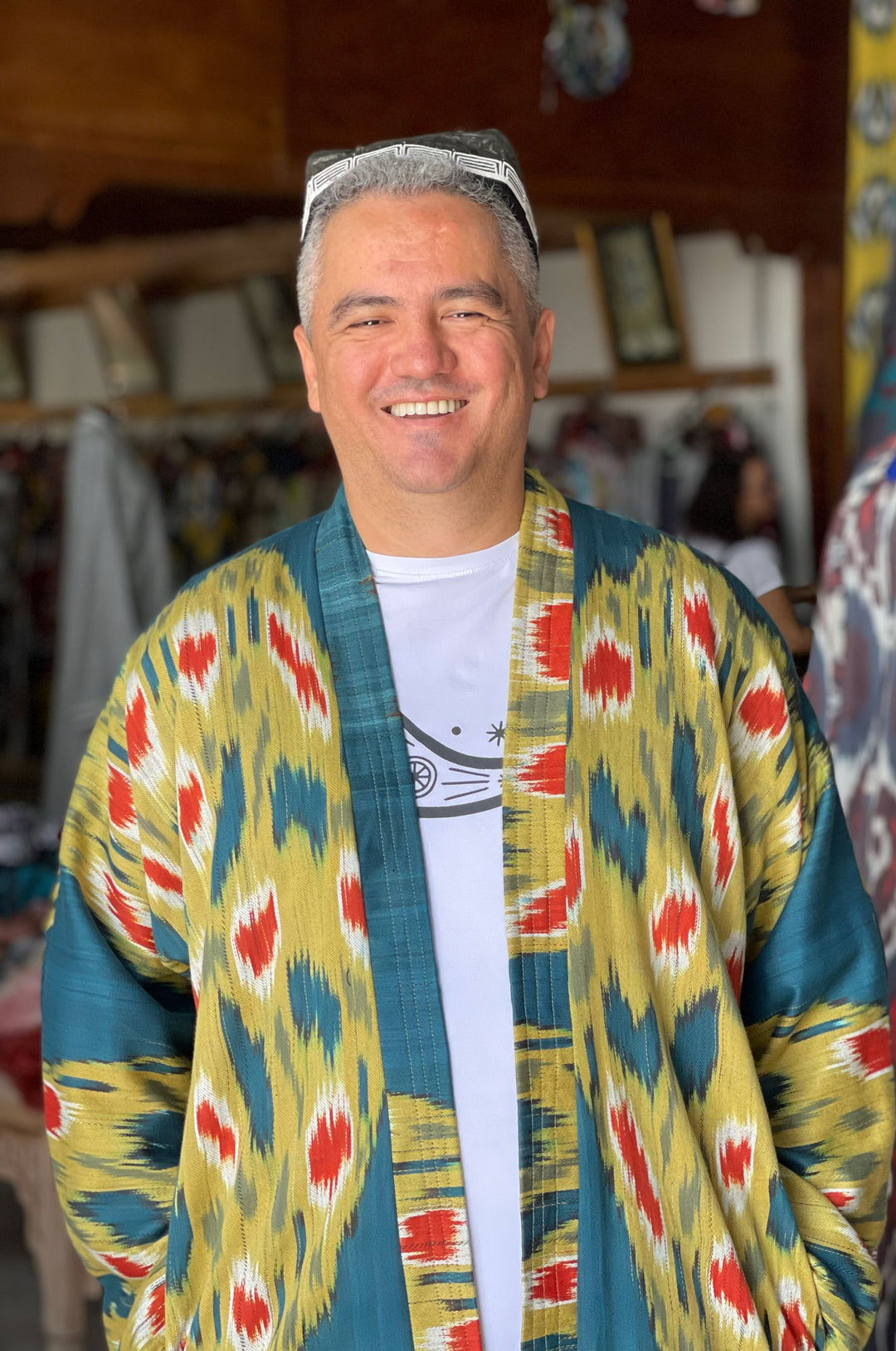 Ikat-Patterned Blue and Black Cotton Oversized Coat - Ikat Labyrinth