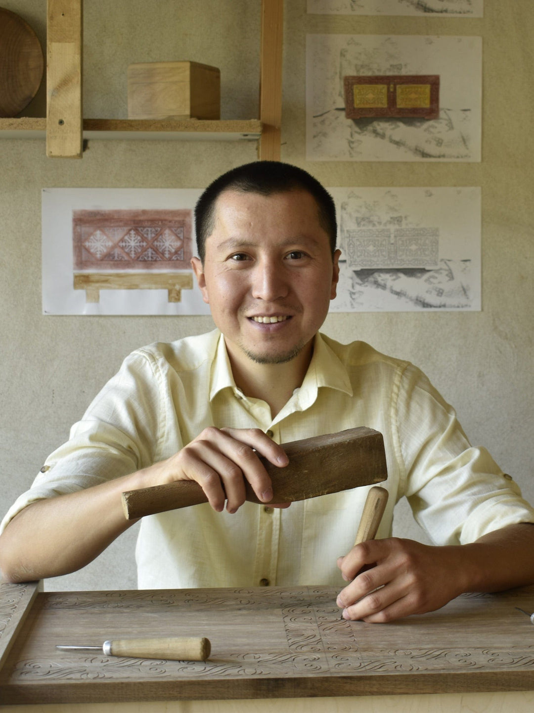 Handmade Striped Walnut Wood Cuff Bracelet from Kazakhstan - Sylvan Mark