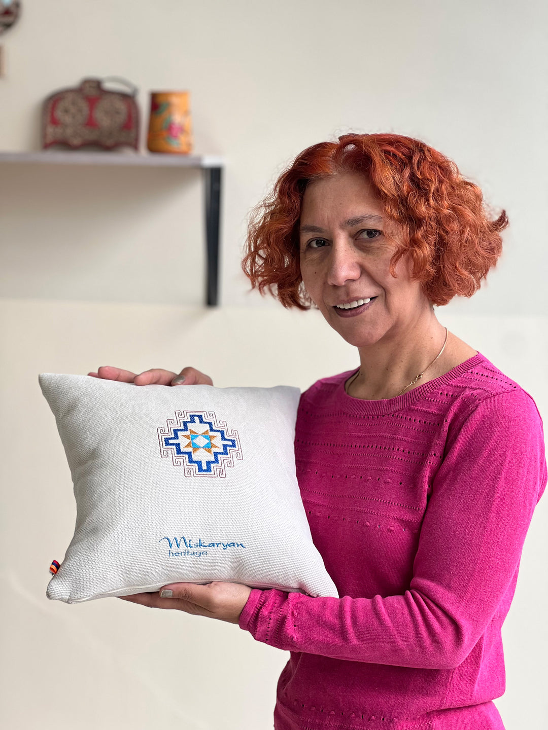 Artisan-Made Star Embroidered Acrylic Cushion Cover in Beige - Armenian Sky in Beige