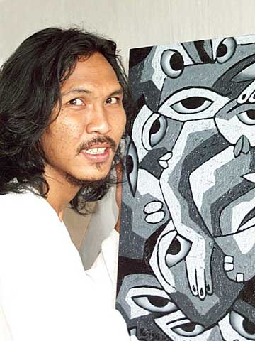 Signed Folk Art Green and Brown Acrylic Painting from Bali - Shape of Deformasi V