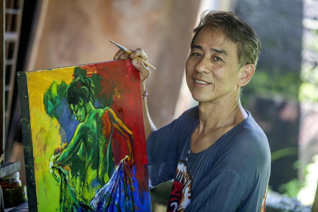 Expressionist Green and Blue Acrylic Painting from Bali - The Male Medusa