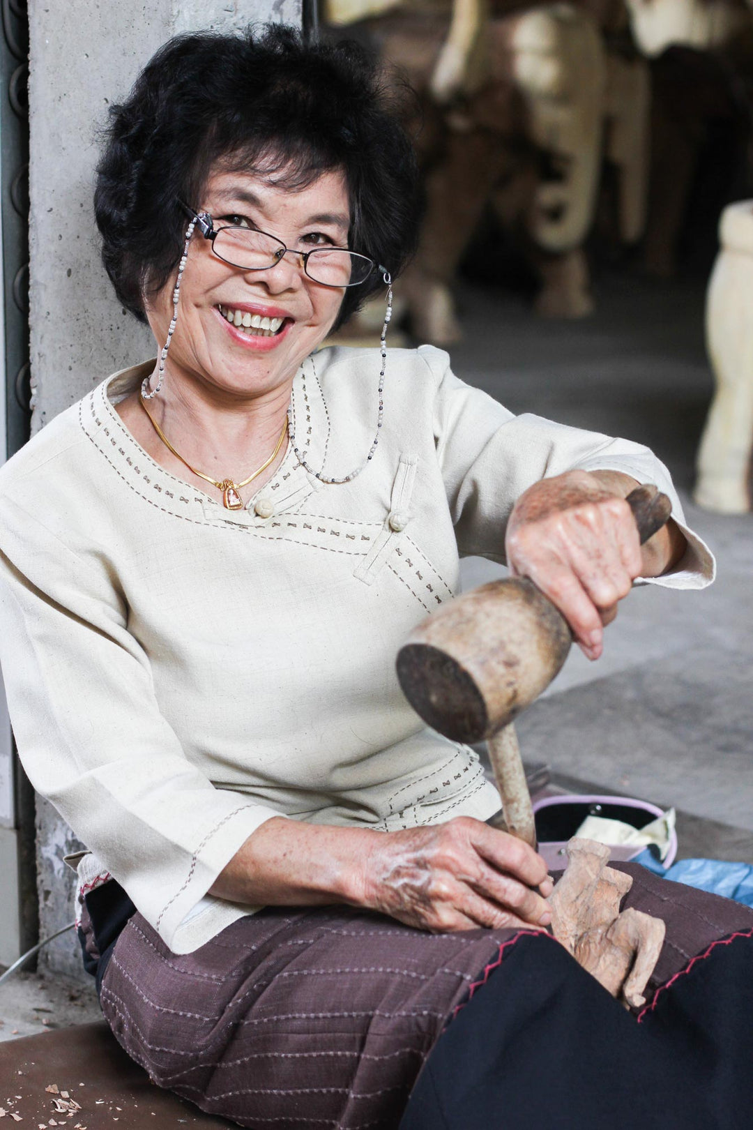 Thai Teak Wood Statuette with Elephant Motif - Elephant Amble