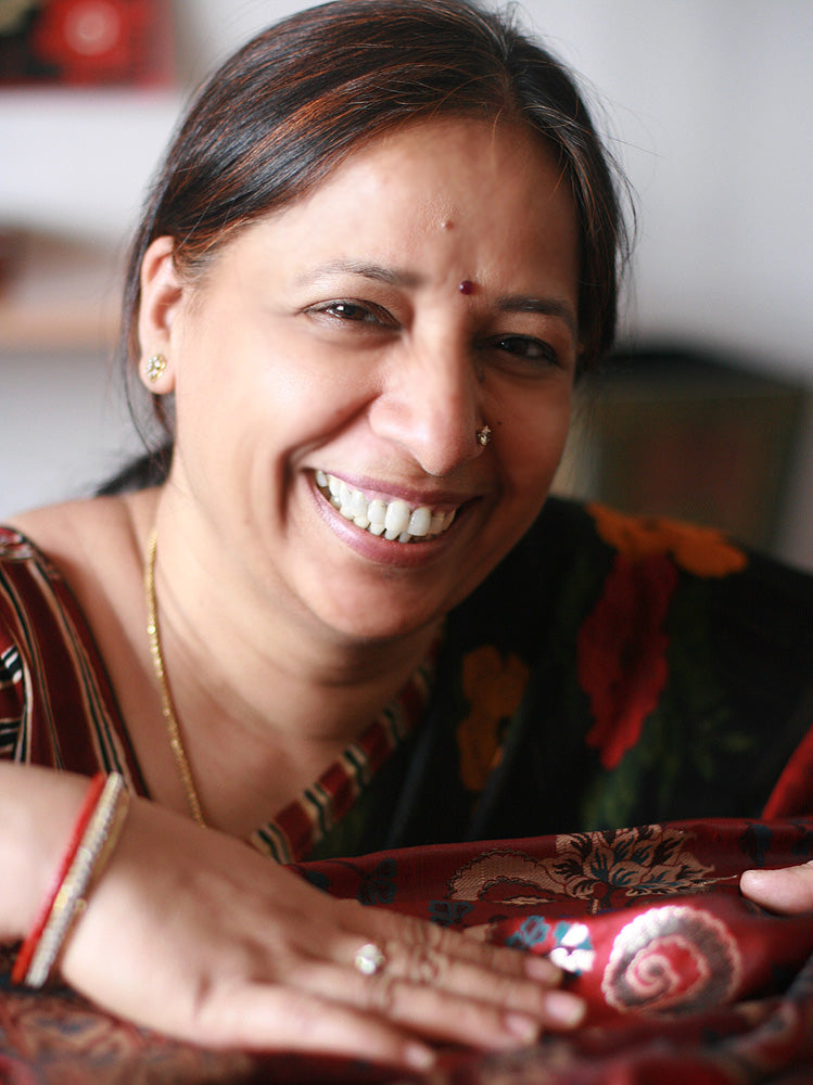 Scarlet Wrap Handcrafted Varanasi Silk Shawl India - Woman in Red