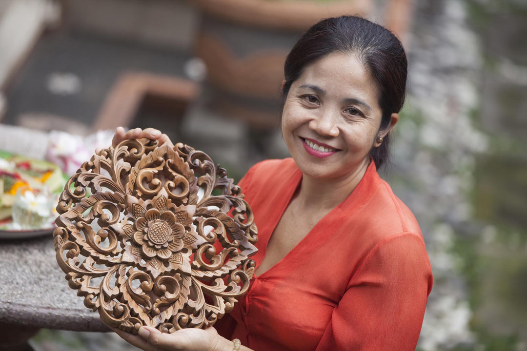 Hand-Carved Wood Relief Panel with Frangipani and Leaf Motif - Frangipani Trio