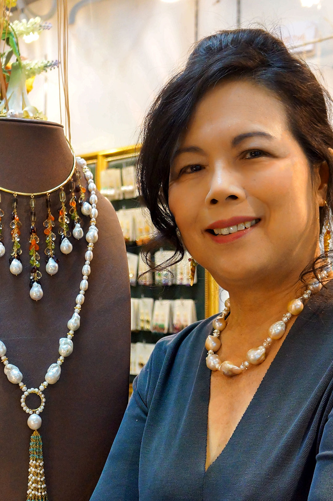Multicolor Tourmaline and Pearls on Gold Plated Earrings - Thai Vineyard