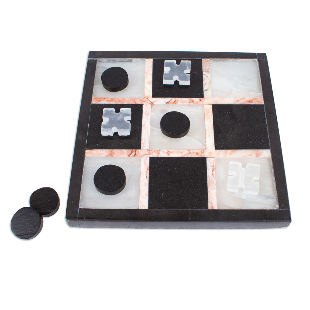 Marble Tic Tac Toe Board Game from Mexico - Rose on Black