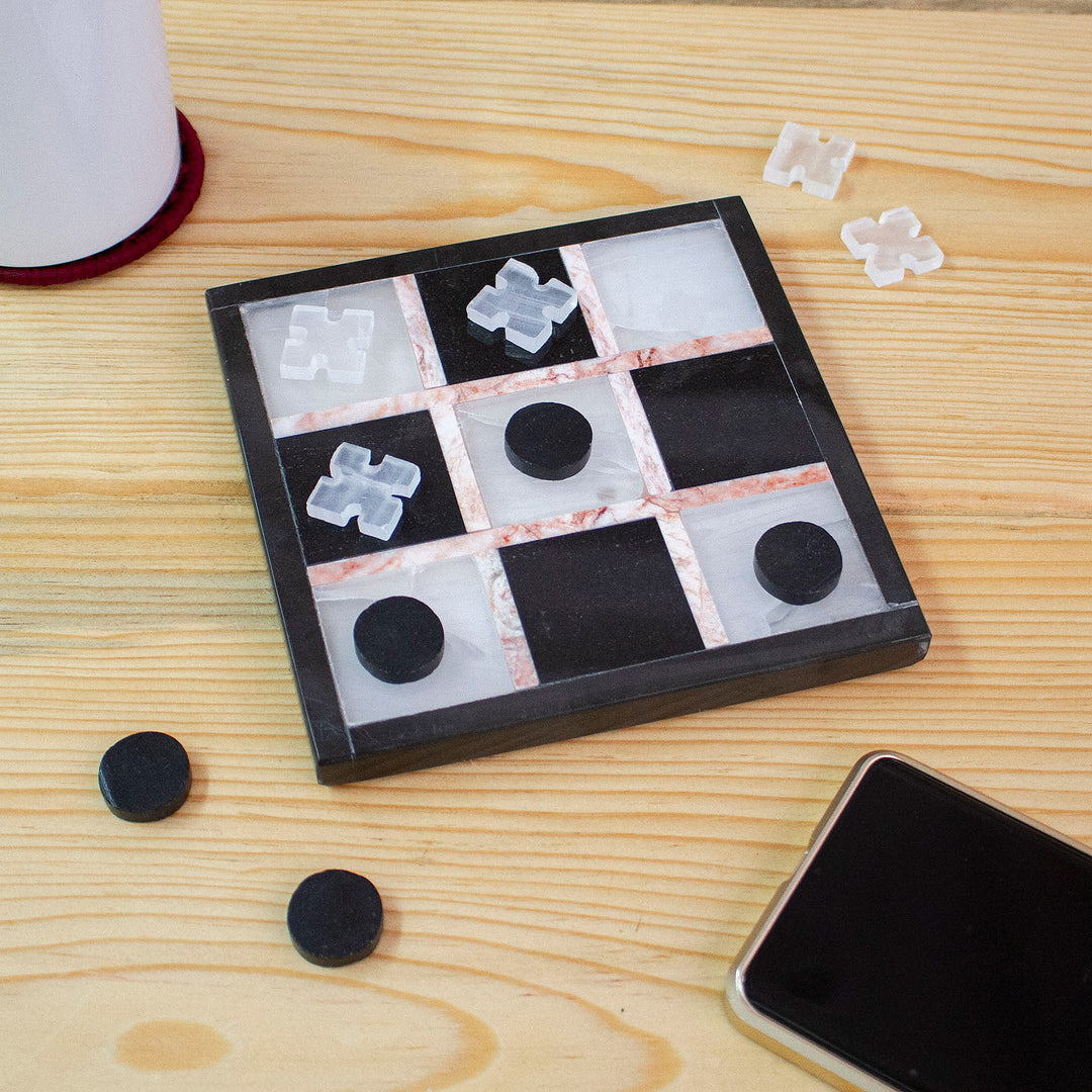 Marble Tic Tac Toe Board Game from Mexico - Rose on Black