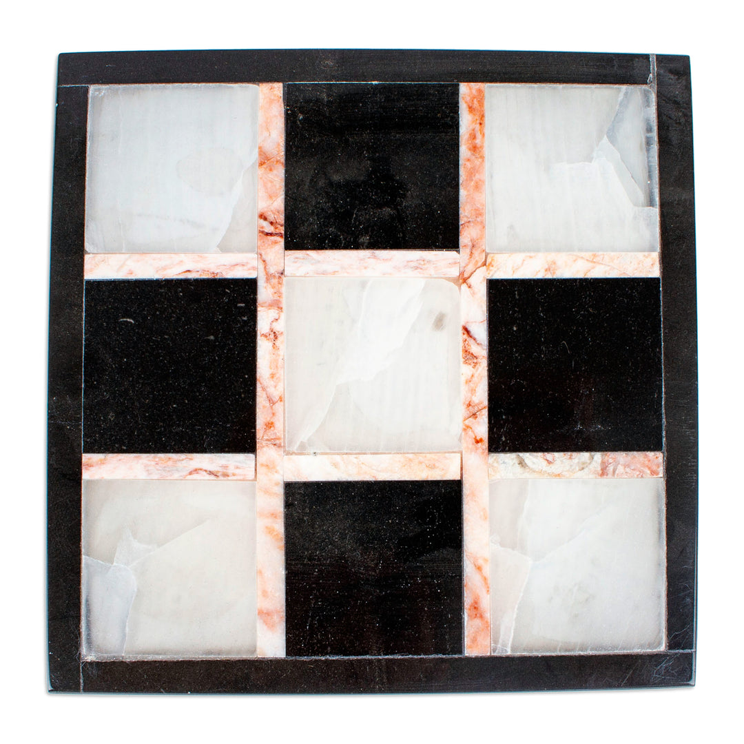 Marble Tic Tac Toe Board Game from Mexico - Rose on Black