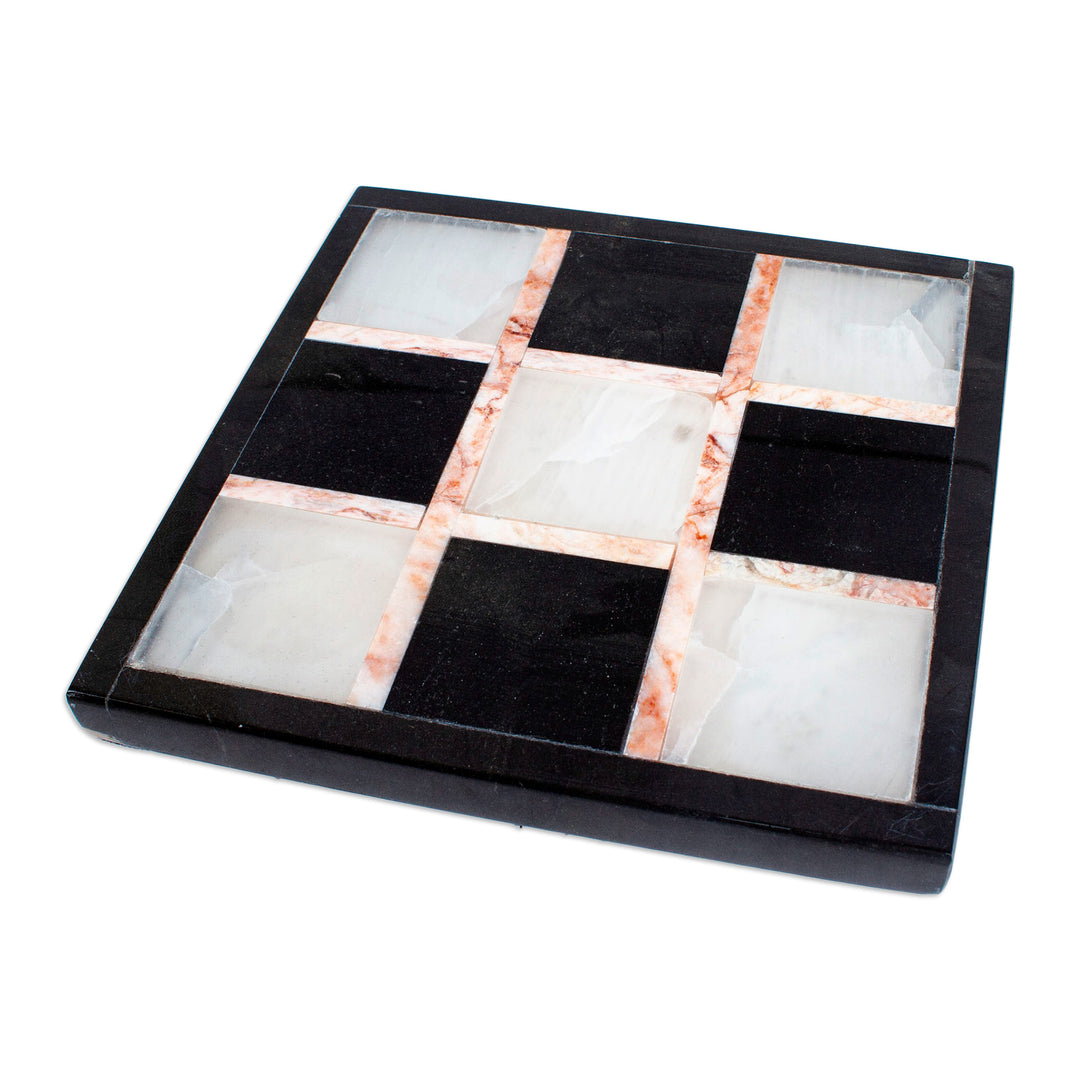 Marble Tic Tac Toe Board Game from Mexico - Rose on Black