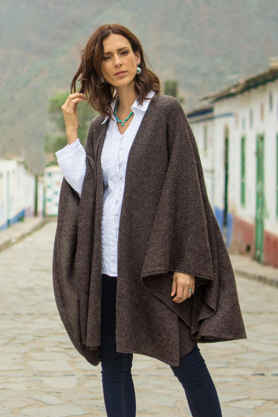 Artisan Crafted Alpaca  Blend Wrap Ruana - Brown Tweed