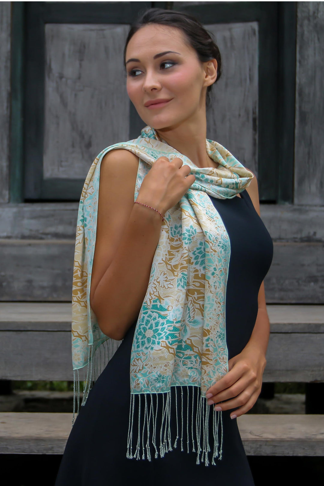 Batik Silk Patterned Scarf - Green Lotus Blossom