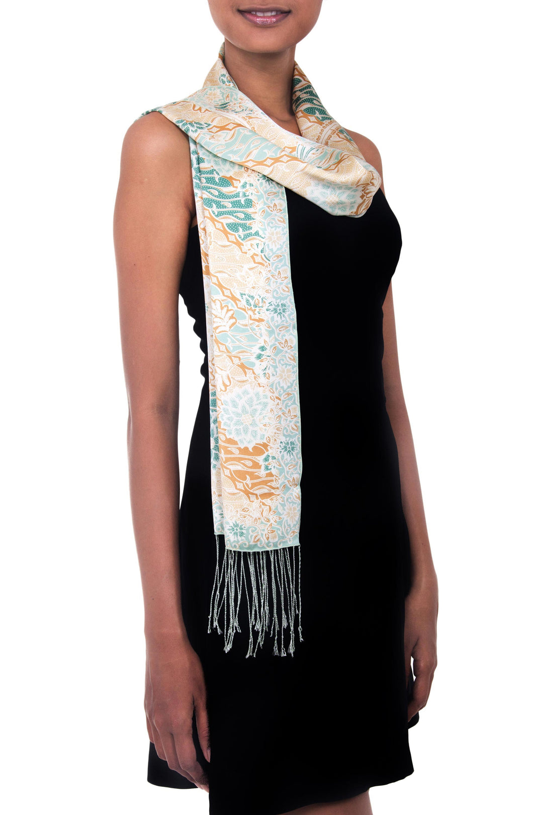 Batik Silk Patterned Scarf - Green Lotus Blossom