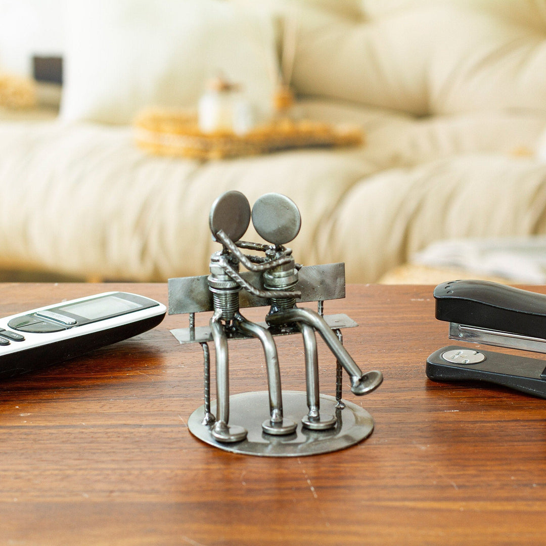 Romantic Recycled Metal Sculpture from Mexico - Park Bench Sweethearts