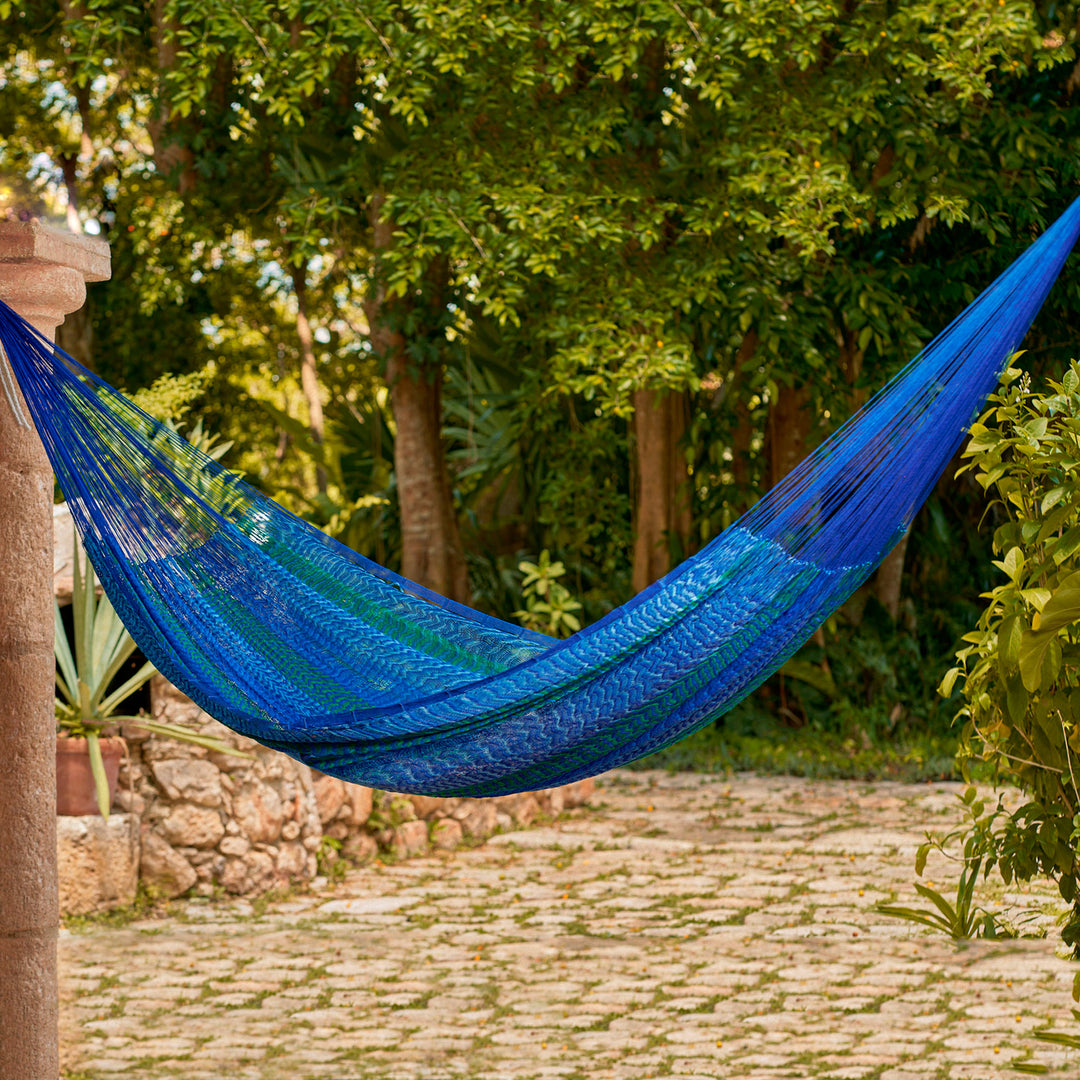Handmade Striped Rope Hammock (Double) - Cool Lagoon