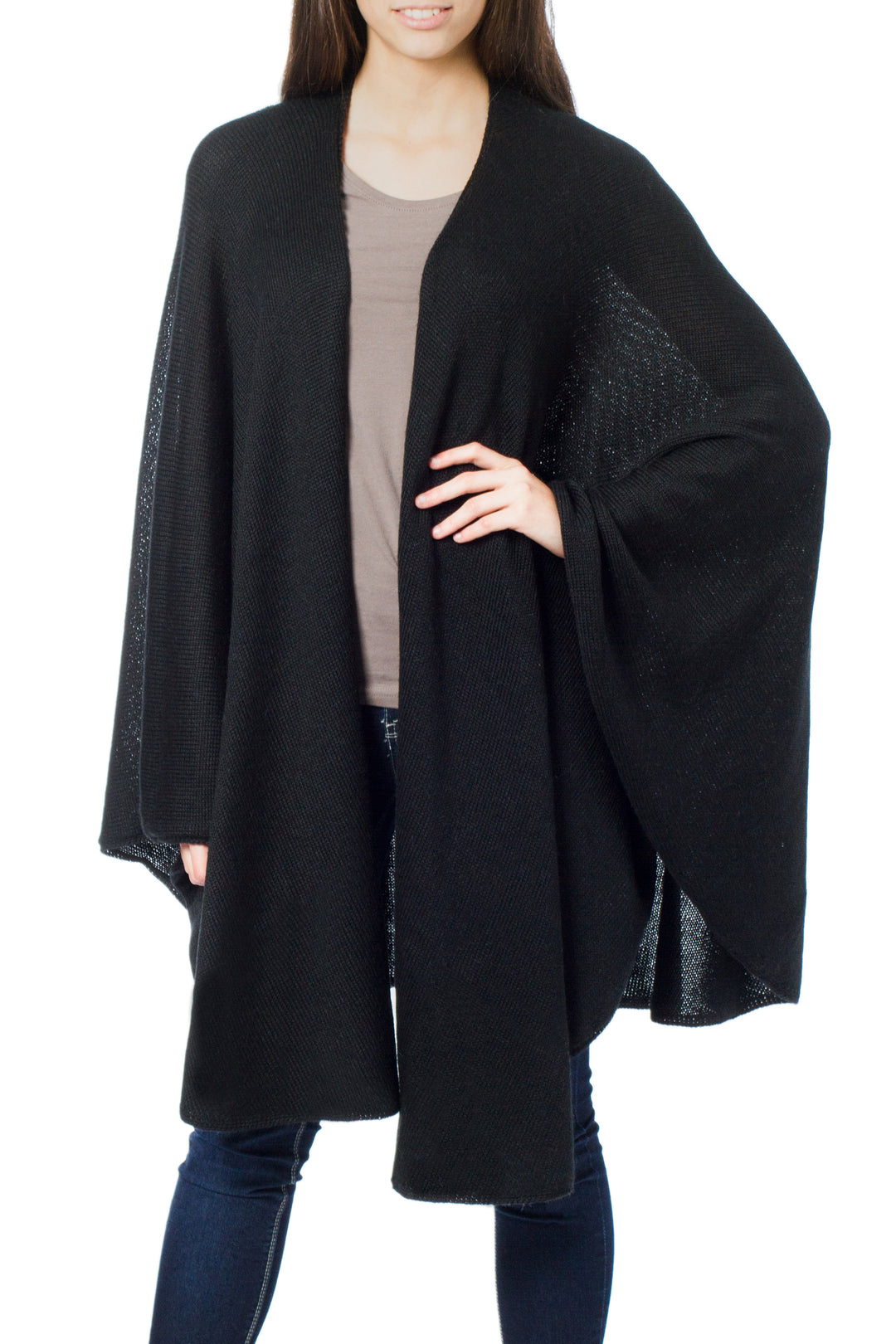 Alpaca Wool Solid Black Wrap Ruana - Bold Black