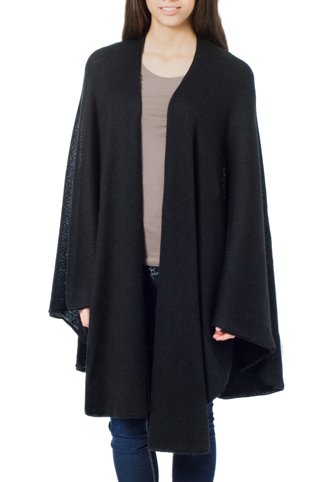Alpaca Wool Solid Black Wrap Ruana - Bold Black