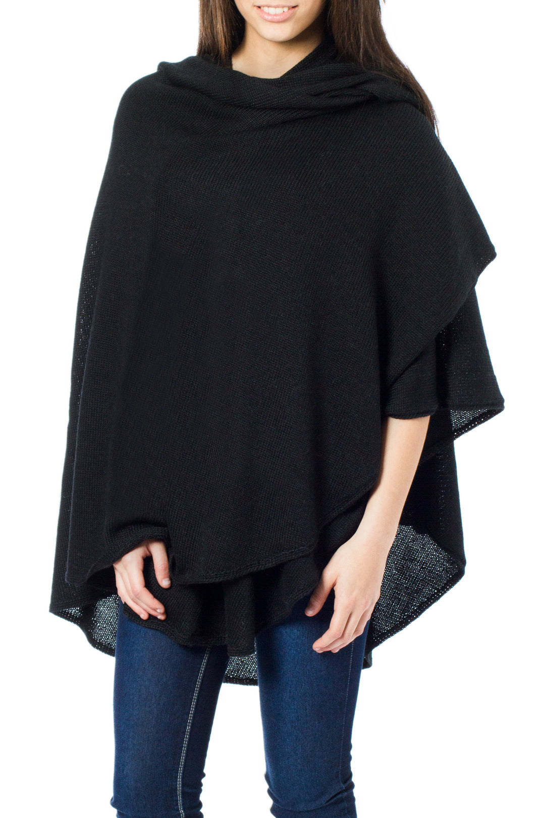 Alpaca Wool Solid Black Wrap Ruana - Bold Black