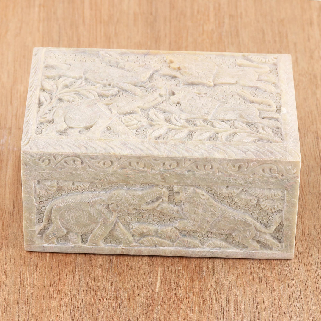 Carved Elephant and Lion Soapstone Jewelry Box from India - Wild Animals