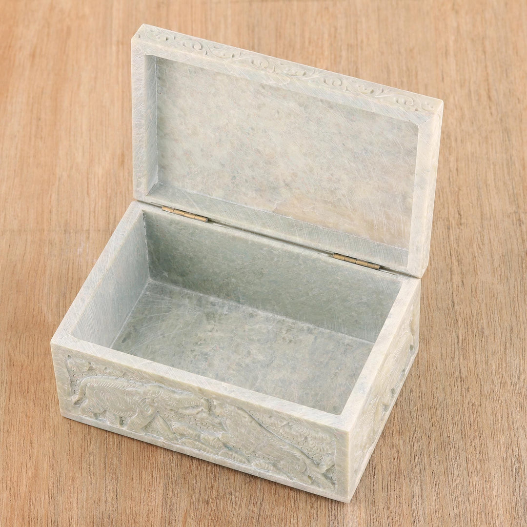 Carved Elephant and Lion Soapstone Jewelry Box from India - Wild Animals
