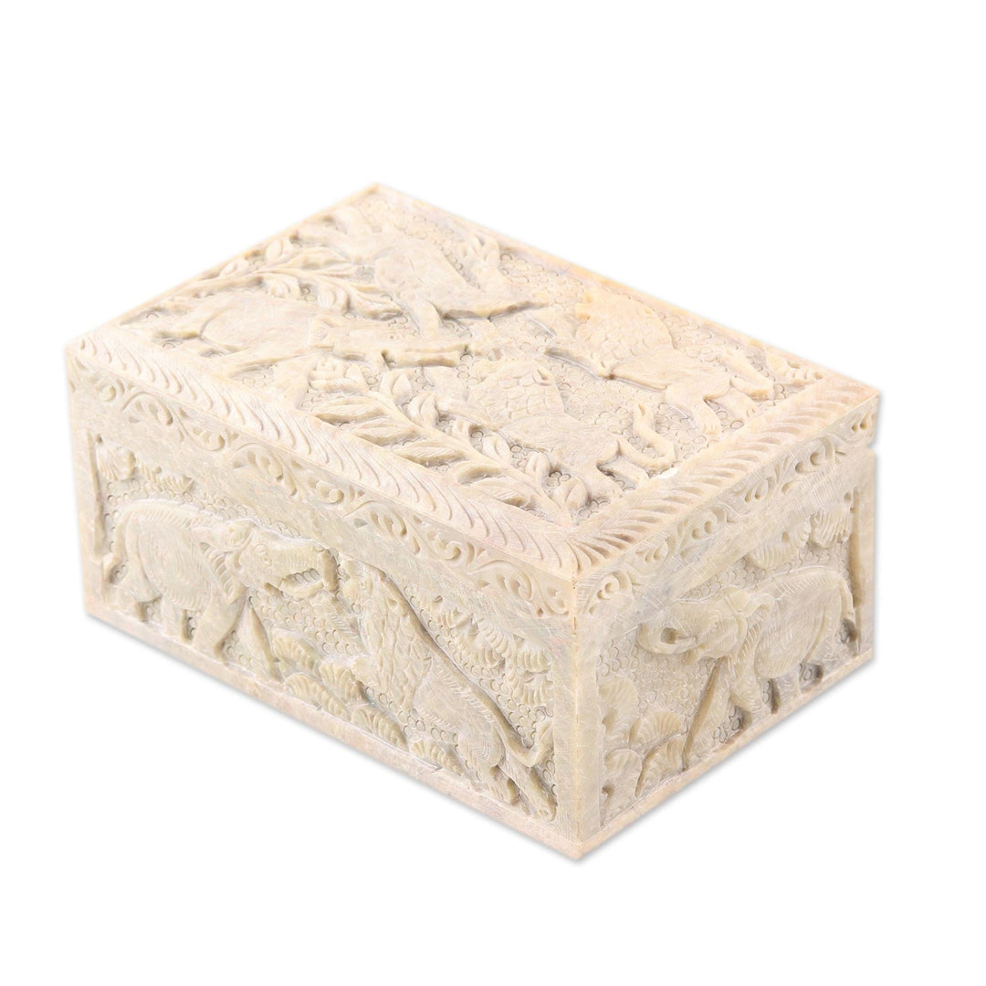 Carved Elephant and Lion Soapstone Jewelry Box from India - Wild Animals