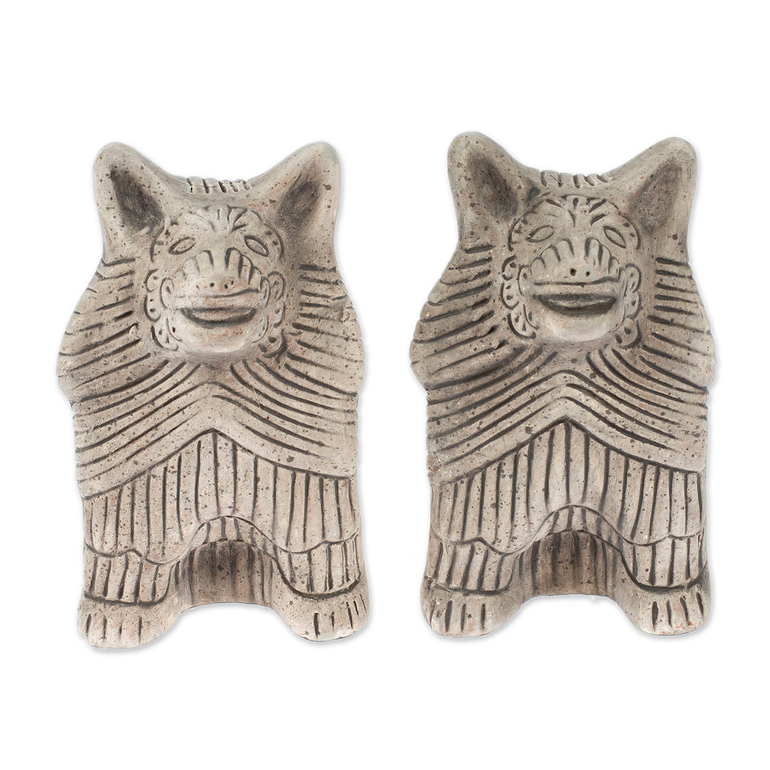 2 Ceramic Aztec Replica Wild Dog Statuettes Mexico (Pair) - Coyote Battalion