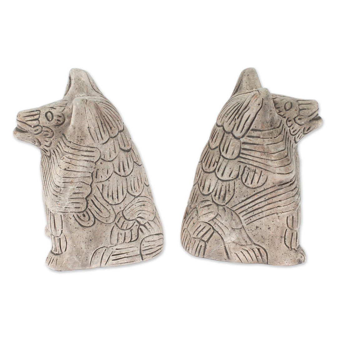 2 Ceramic Aztec Replica Wild Dog Statuettes Mexico (Pair) - Coyote Battalion