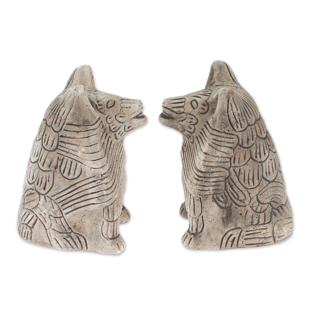 2 Ceramic Aztec Replica Wild Dog Statuettes Mexico (Pair) - Coyote Battalion
