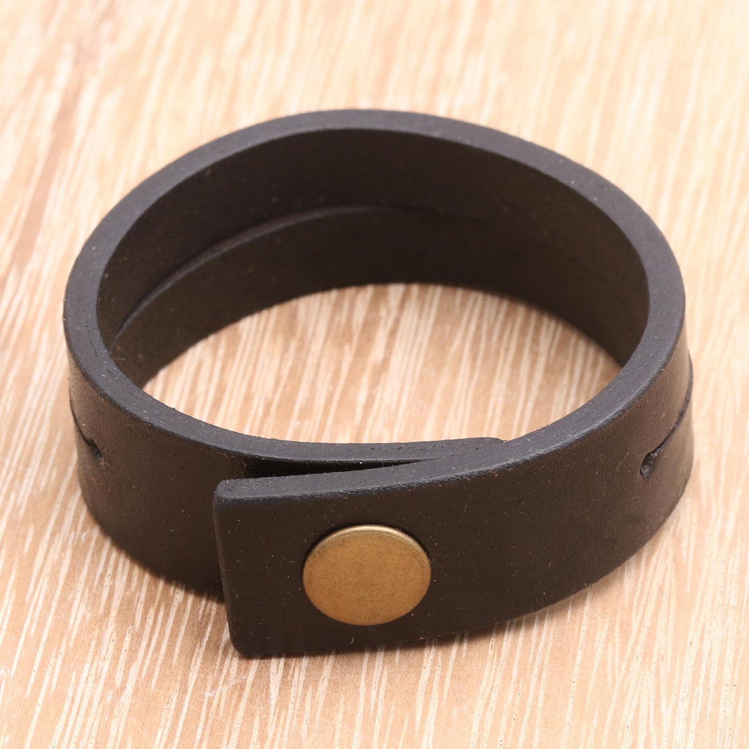 Handmade Leather Wristband Bracelet - Duality in Black