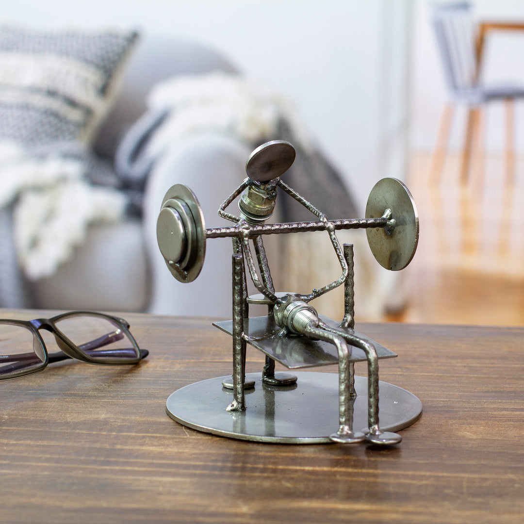 Handcrafted Athlete Recycled Metal Sculpture Mexico - Rustic Weightlifter