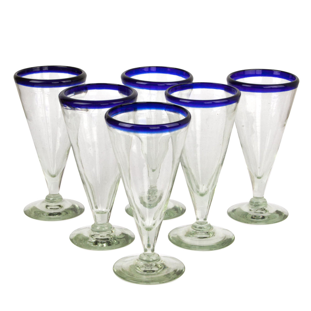 Artisan Crafted Recycled Handblown Blue Rim Beer Glasses - Cobalt Classics