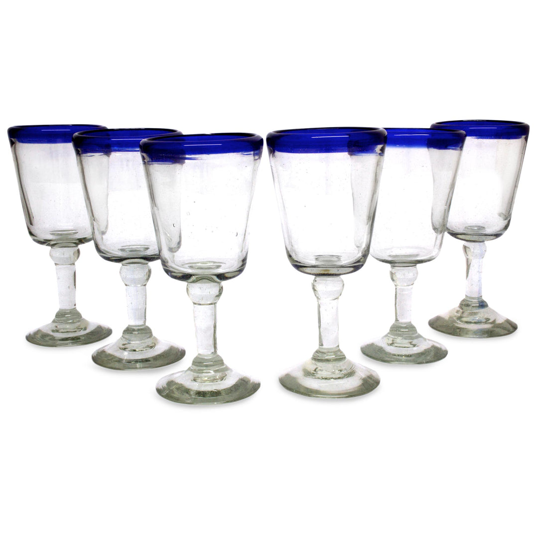 Hand Blown Wine Glasses Set of 6 Blue Rim Goblets Mexico - Cobalt Classics