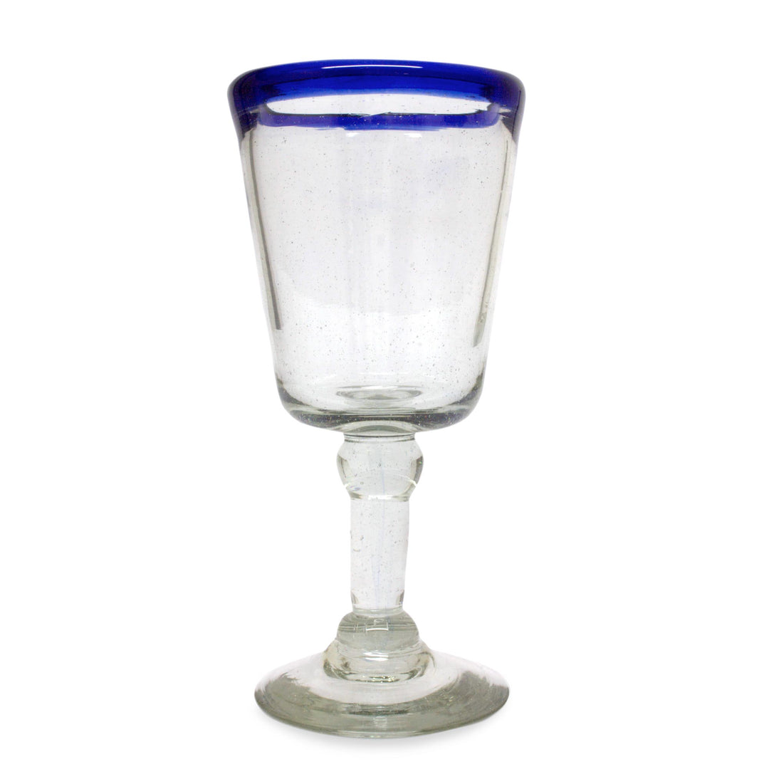 Hand Blown Wine Glasses Set of 6 Blue Rim Goblets Mexico - Cobalt Classics