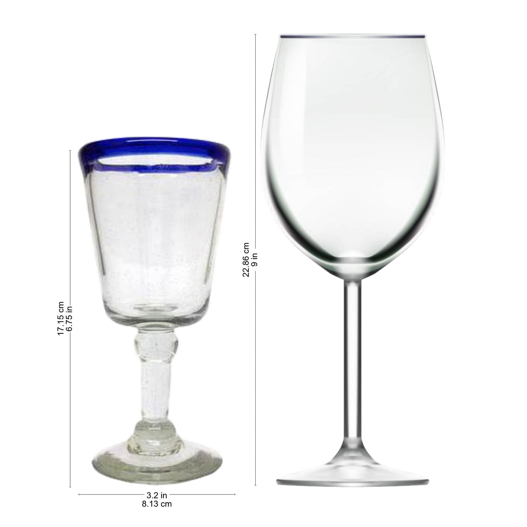 Hand Blown Wine Glasses Set of 6 Blue Rim Goblets Mexico - Cobalt Classics
