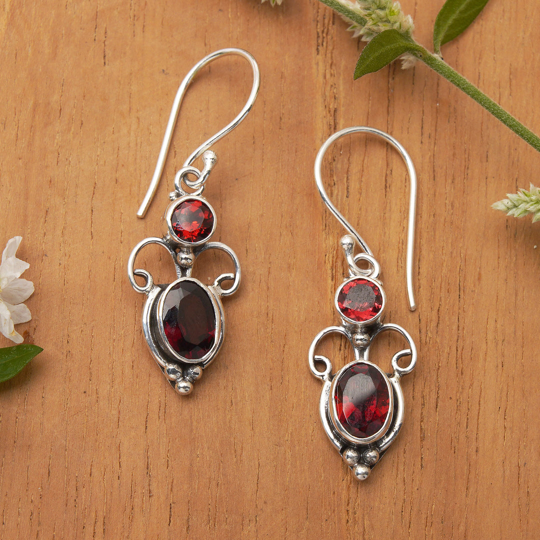 Sterling Silver Garnet Dangle Earrings - Crown Princess