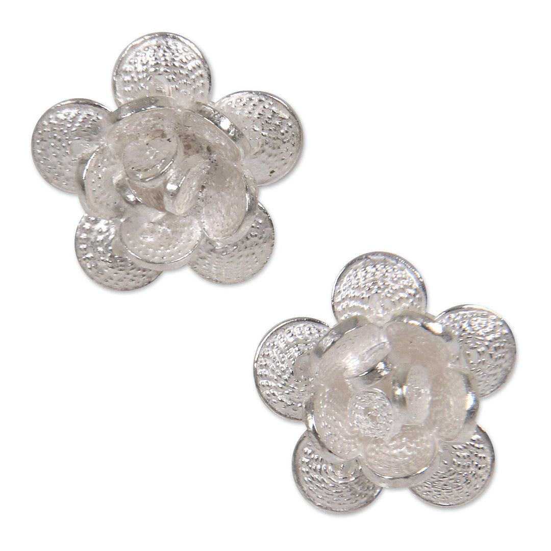 Indonesian Sterling Silver Floral Button Earrings - Desert Rose