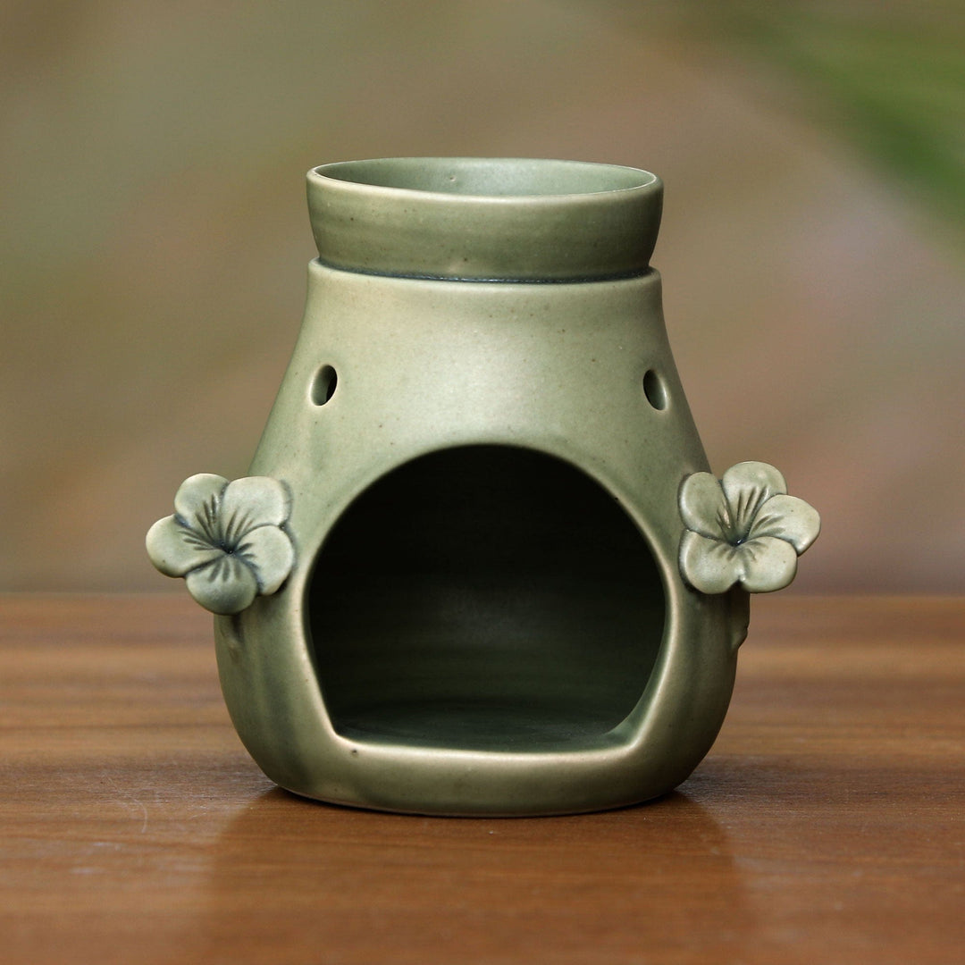 Handcrafted Green Floral Ceramic Oil Warmer from Bali - Frangipani Dreams