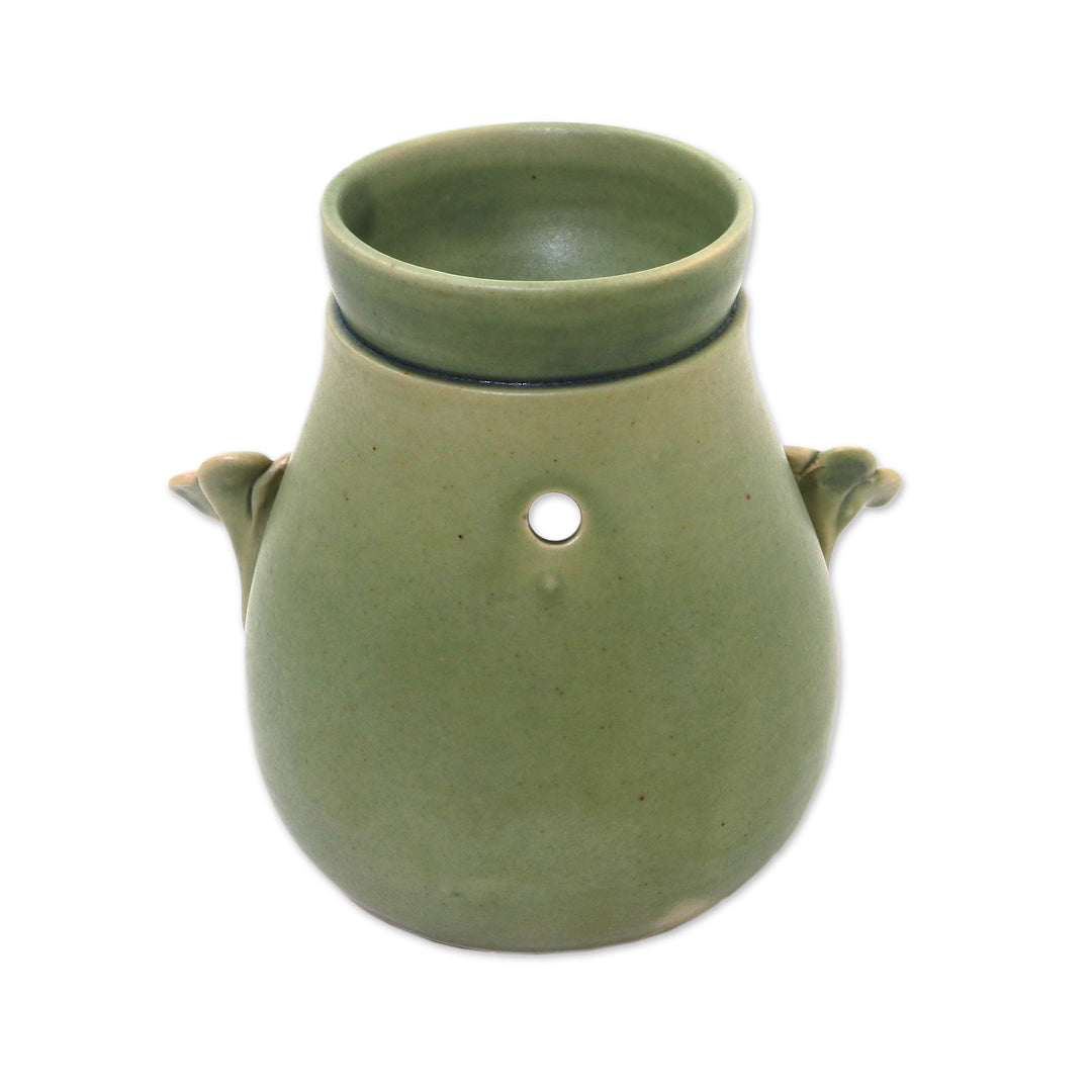 Handcrafted Green Floral Ceramic Oil Warmer from Bali - Frangipani Dreams