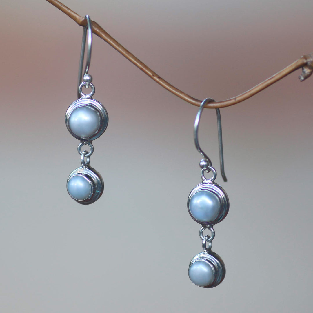 Pearl Sterling Silver Dangle Earrings - Two Full Moons