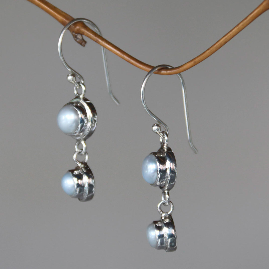 Pearl Sterling Silver Dangle Earrings - Two Full Moons