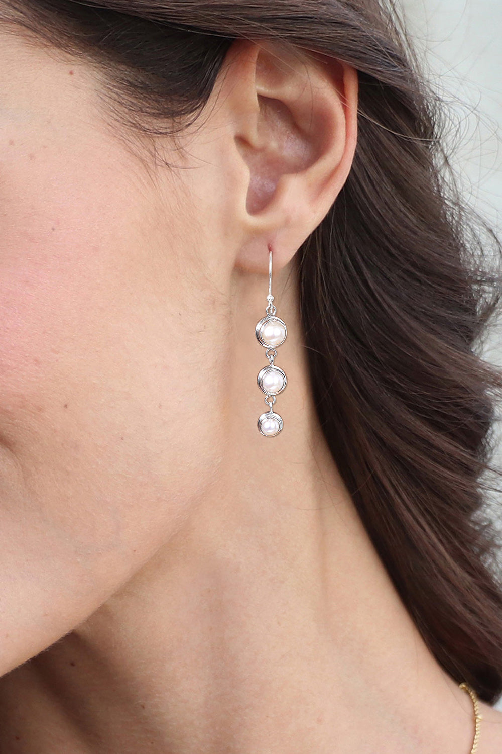 Pearl Sterling Silver Dangle Earrings - Three Full Moons