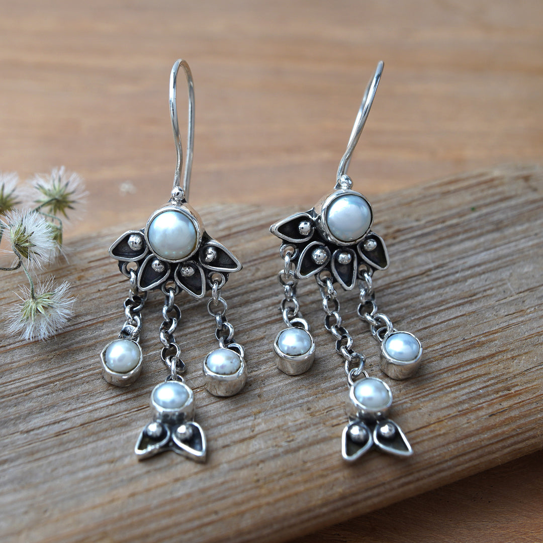 Sterling Silver Pearl Chandelier Earrings - Moonlight Lotus