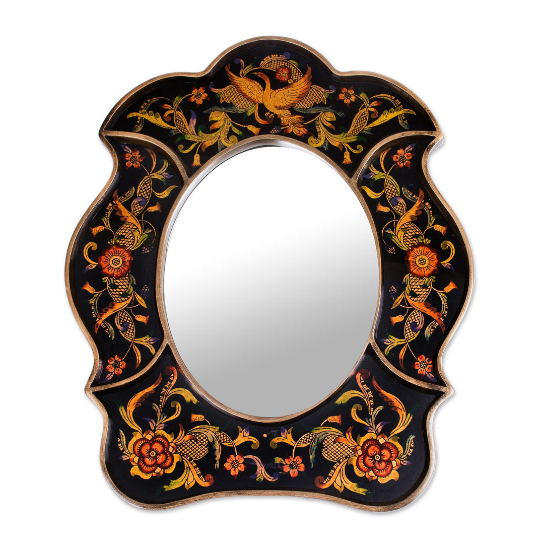 Unique Reverse Painted Glass Wall Mirror - Birdsong at Night