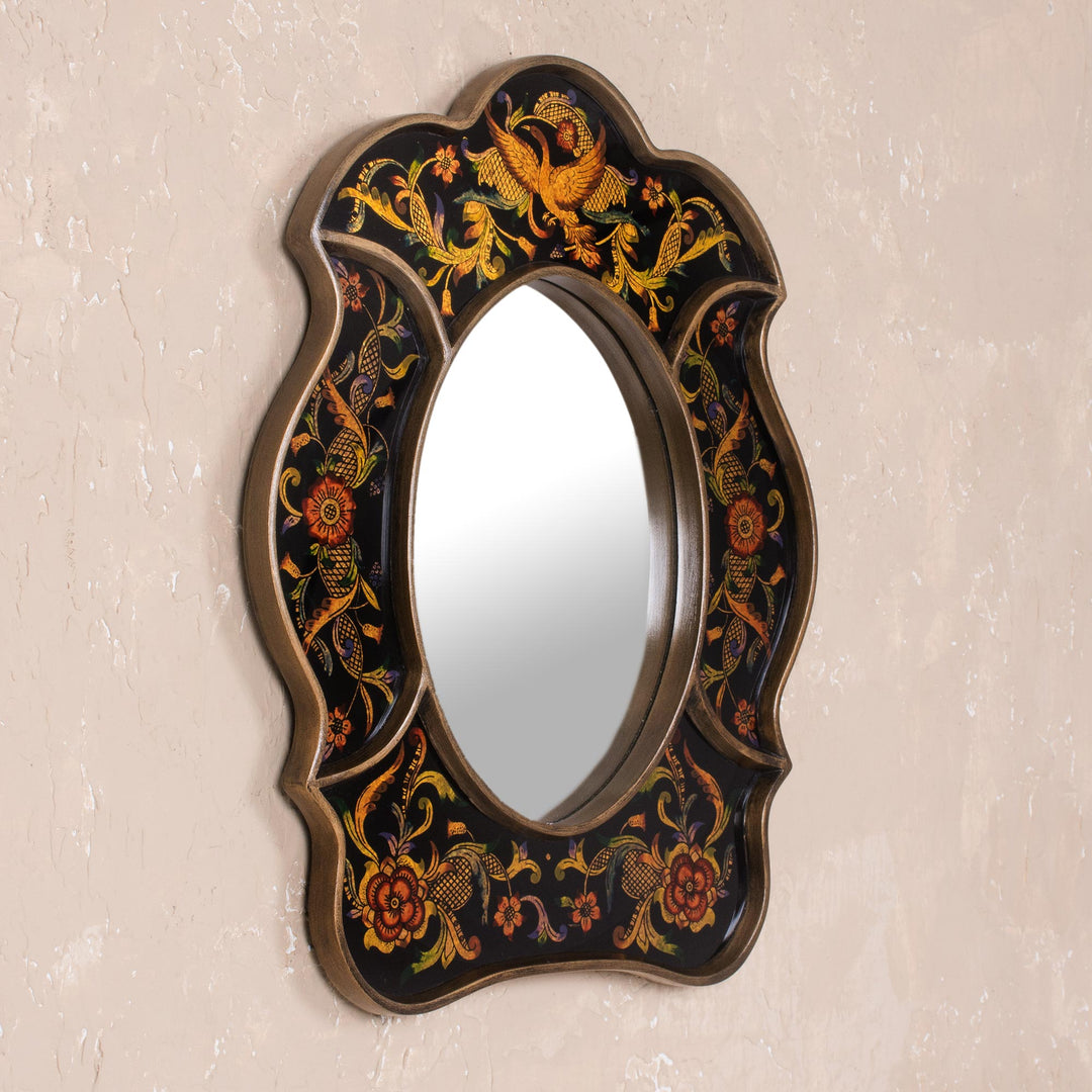 Unique Reverse Painted Glass Wall Mirror - Birdsong at Night