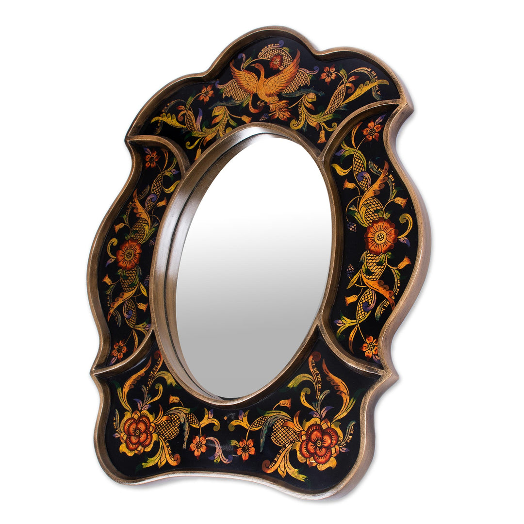 Unique Reverse Painted Glass Wall Mirror - Birdsong at Night