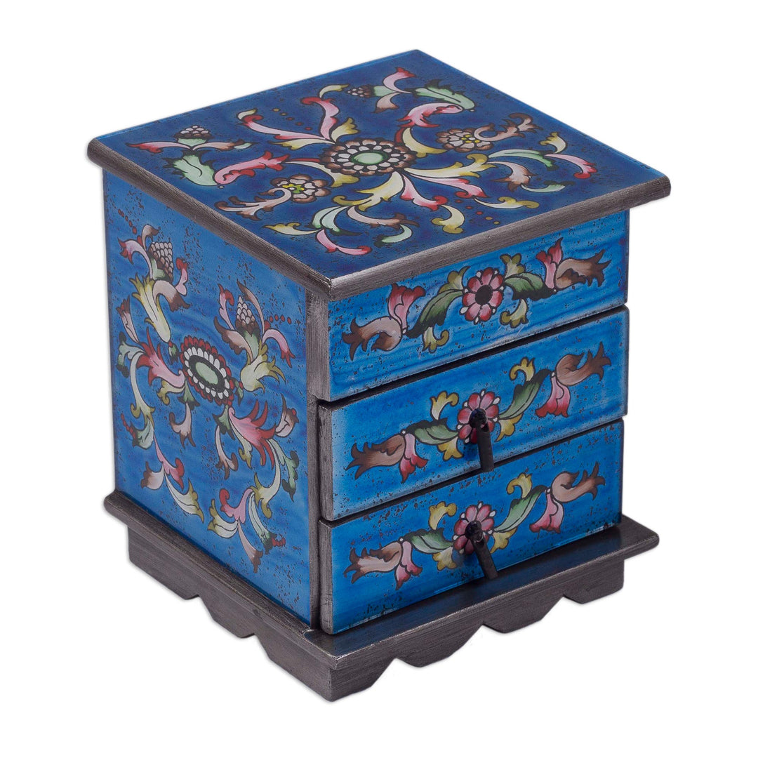 Reverse Painted Glass Jewelry Box Chest with Mirror - Celestial Blue