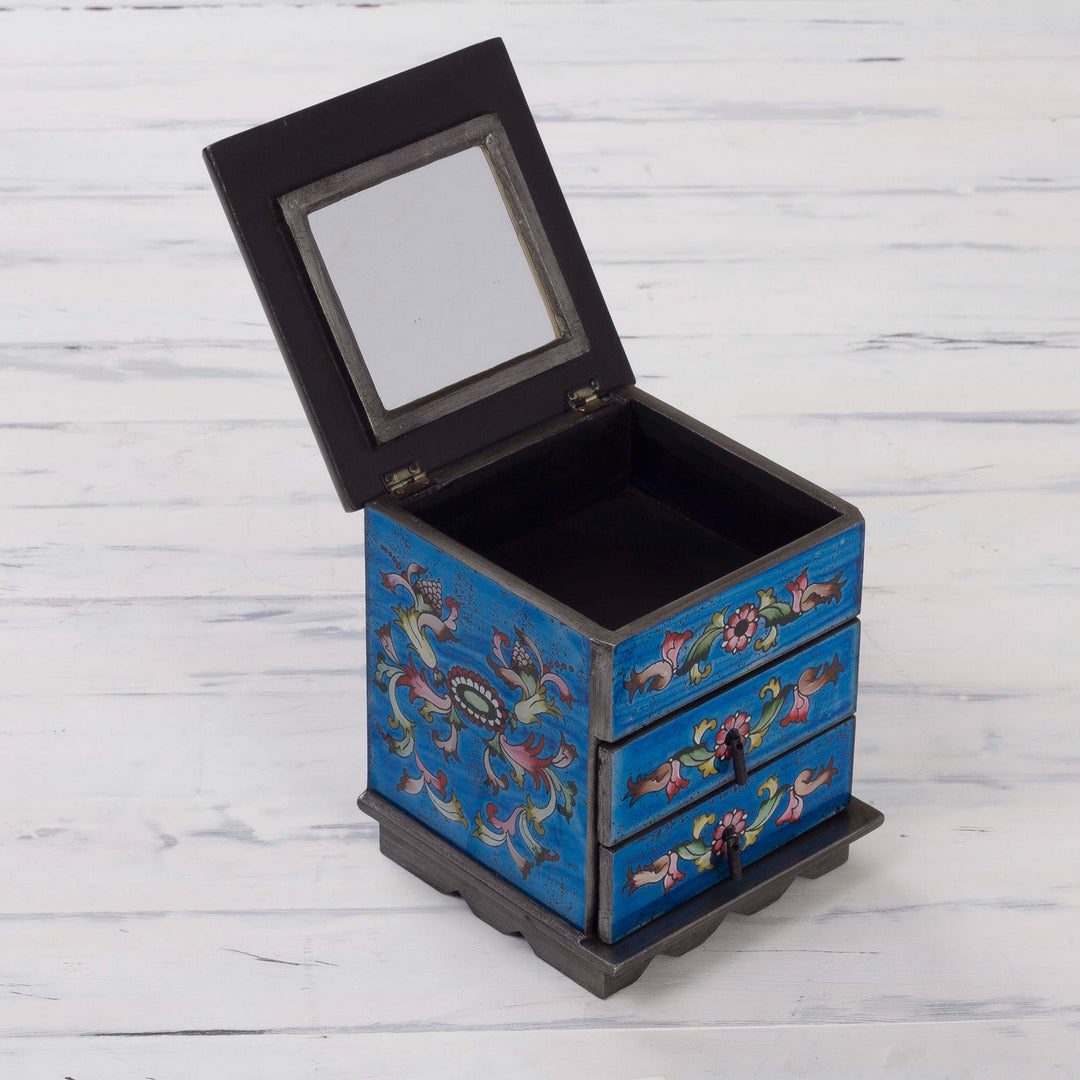 Reverse Painted Glass Jewelry Box Chest with Mirror - Celestial Blue