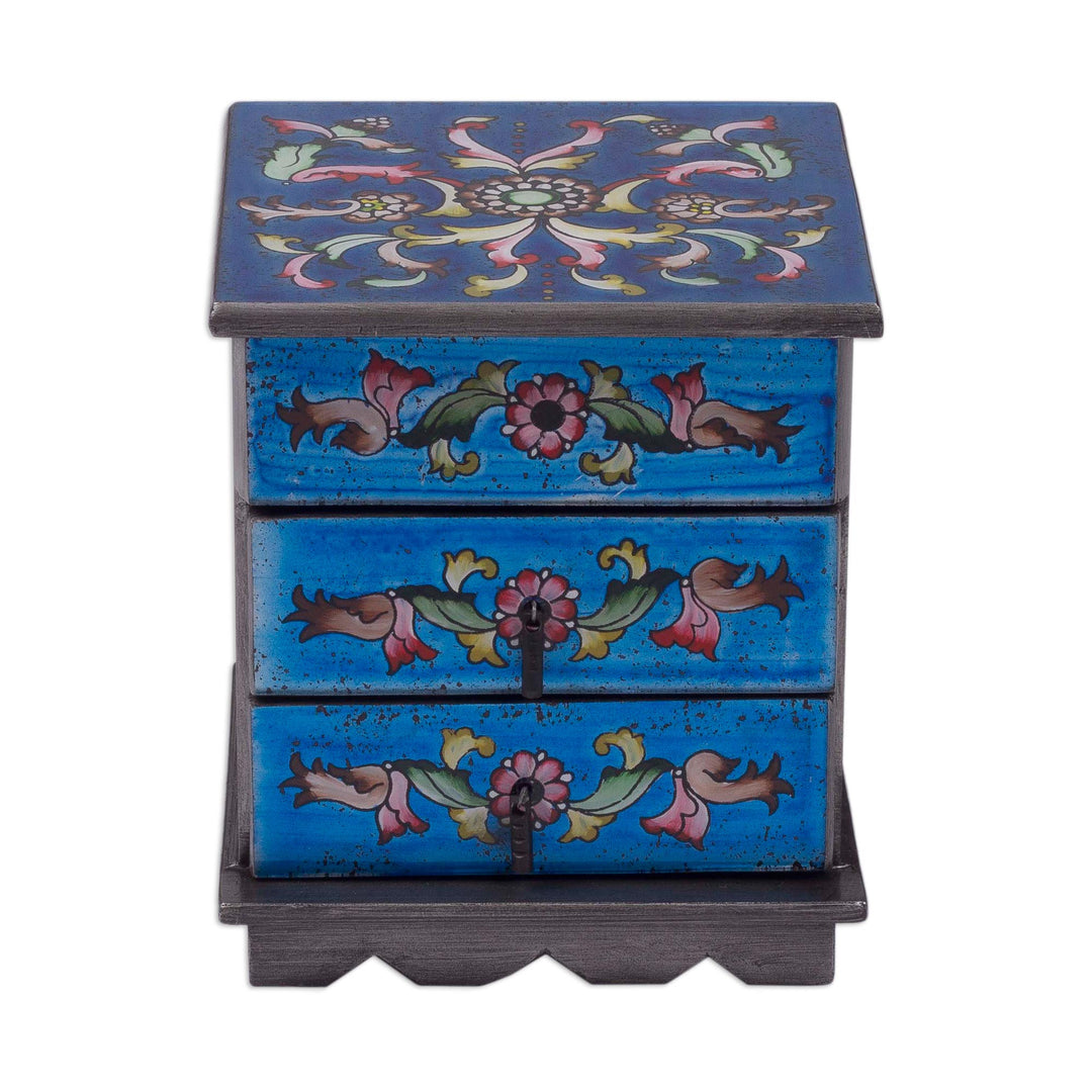 Reverse Painted Glass Jewelry Box Chest with Mirror - Celestial Blue