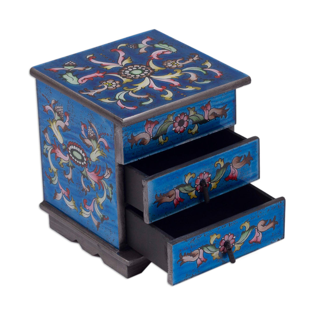 Reverse Painted Glass Jewelry Box Chest with Mirror - Celestial Blue