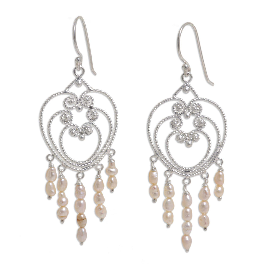 Heart Shaped Sterling Silver Pearl Chandelier Earrings - Rose Romance